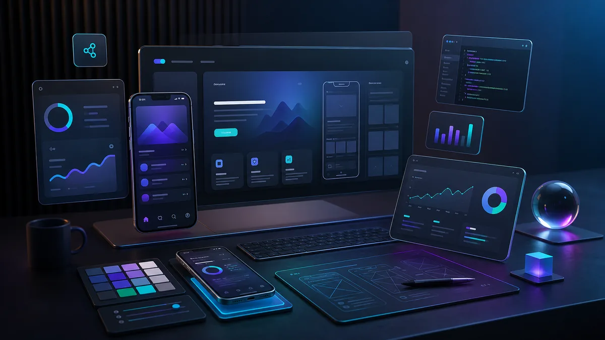 Generated visual of app screens, website layouts, and analytics dashboards for a digital agency workspace